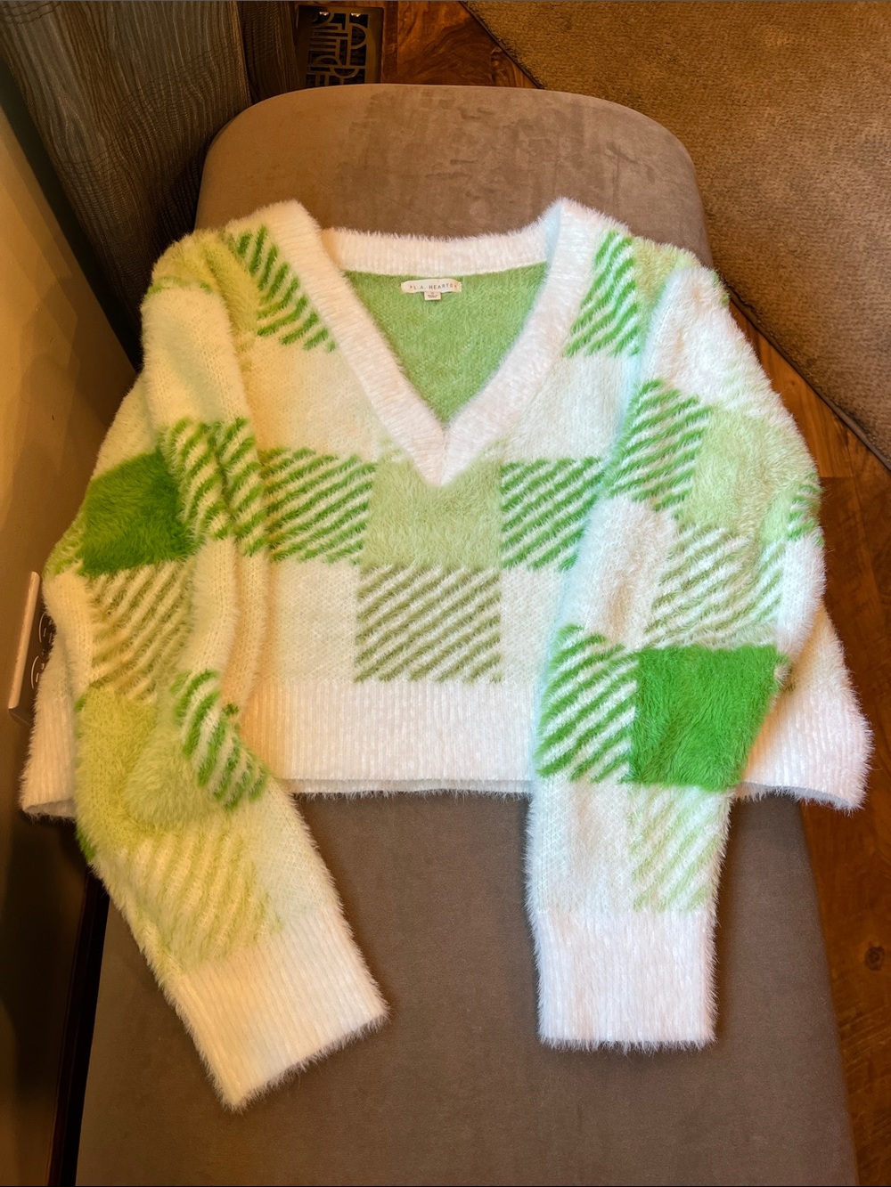 La Hearts White and Lime Green Plaid Fuzzy V-Neck Sweater